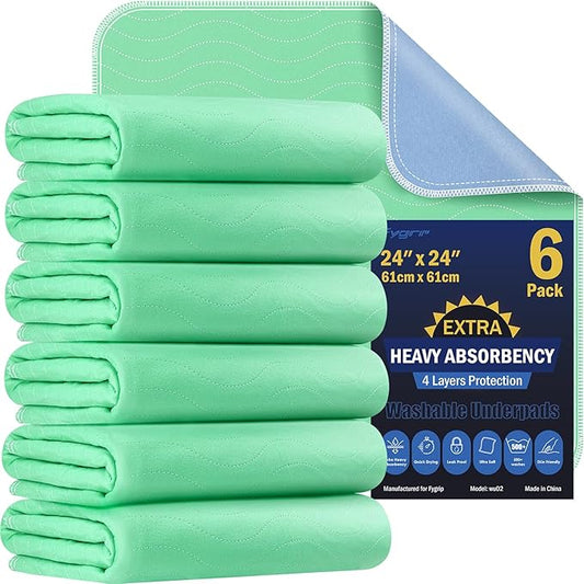 6 Pack 24” x 24” Extra Heavy Absorbency Washable Underpads, Waterproof Nursing Pads Incontinence Bed Pads, Reusable Washable Pee Pads for Dogs, Diaper Changing & Adults, Washable Puppy Pads
