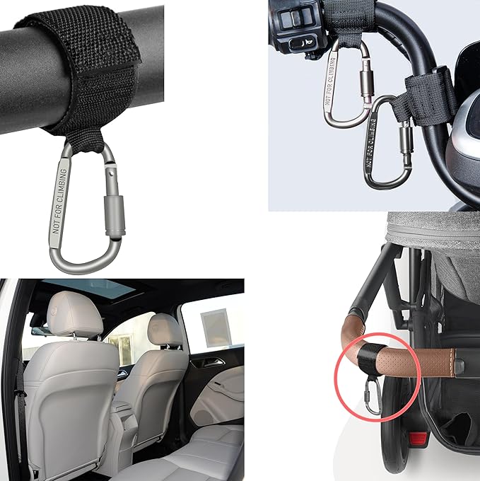 Baby Stroller Hook, Carry 30 lbs per Stroller Carabiner Clip, Adjustable Baby Stroller & Car Seat Hook for Hanging Diaper Bag, Wheelchair, Golf cart, Shopping and Pet Cart(2 Pcs Black)