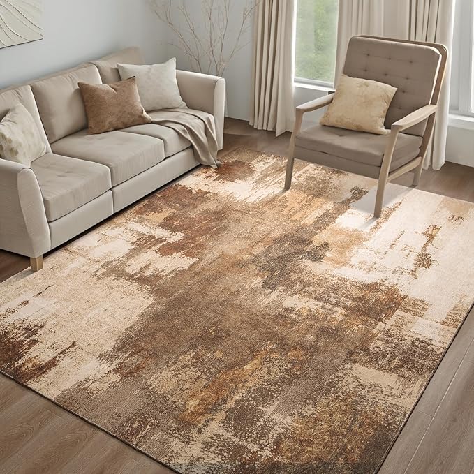 Kelarea Living Room Rug, 5x7 Rug Modern Abstract Washable Rugs Brown Foldable Faux Wool Vintage Carpets, Non Slip Rug for Bedroom, Dining Room, College Dorm, Kids Playroom, Home Office