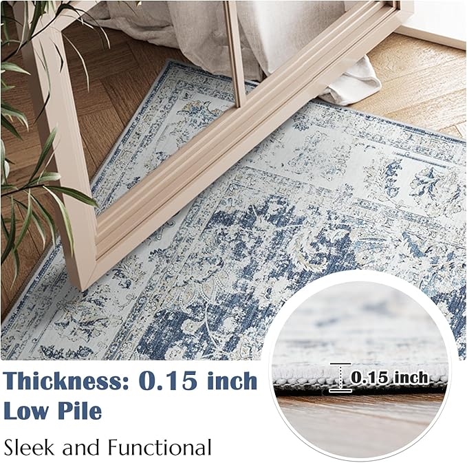 jinchan Runner Rug 3x8-2pcs Kitchen Washable Vintage Hallway Rug Floral Print Floor Cover Indoor Thin Retro Mat Accent for Bathroom Laundry Room Bedroom Office Farmhouse (Double,Dark Blue)