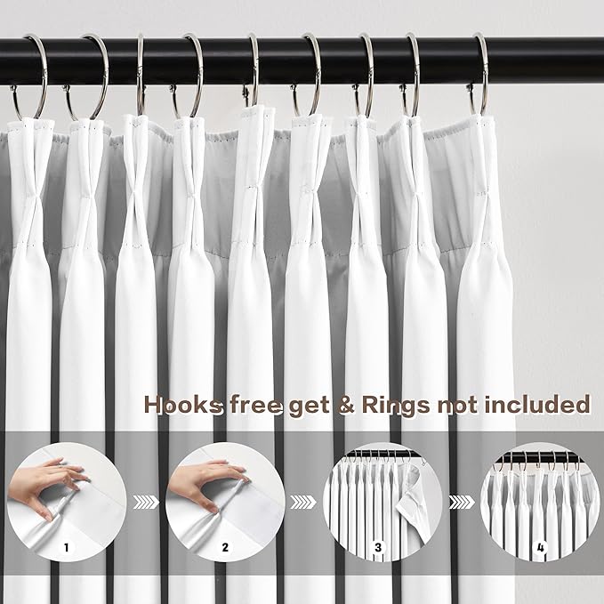 KEQIAOSUOCAI Pleated White Curtains 72 Inches Long for Bedroom,Half Blackout Room Darkening Memory Shape Window Curtain 72 Inch Length 2 Panel Set,Pinch Pleated Drapes with Hooks,40 by 72,Set of 2