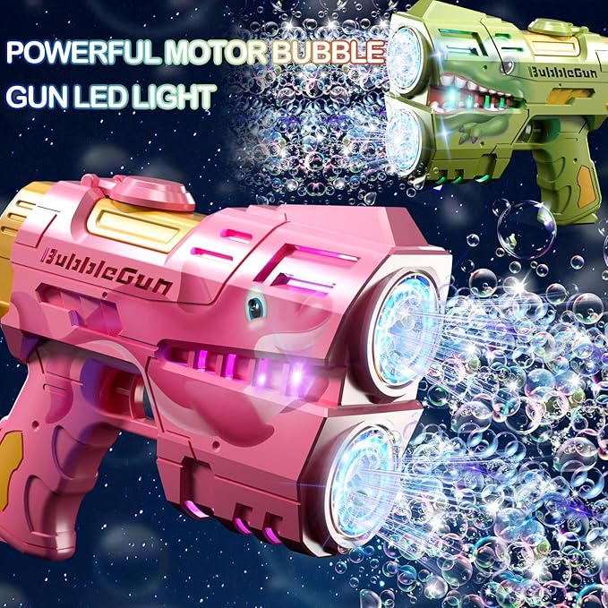 2 Pack Bubble Guns for Kids, Rechargeable LED Light Up Dinosaur Bubbles Machine Blower with 4 Bottles Refill Solution for Toddlers 4-8, Wedding Party Birthday Gift