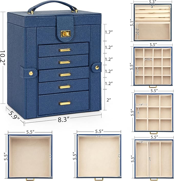 AKOZLIN Jewelry Box Organizer Functional Leather Jewelry Storage Case for Women Girls Ring Necklace Earring Bracelet Holder Organizer with Mirror Blue