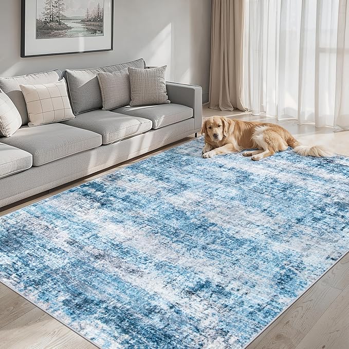 6x9 Area Rugs for Living Room - Washable Rug Modern Abstract Soft Large Neutral Non-Slip Carpet Indoor Floor Thin Carpets for Bedroom Dining Room Farmhouse Nursery Home Office Blue Grey