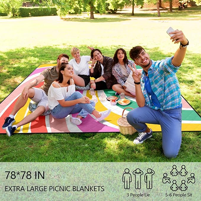 ADecor Picnic Blankets, 79" x 79" Large Beach Blanket Waterproof Sandproof, Foldable Lightweight Portable Picnic Mat Beach Vacation Essentials for Park, Camping, Hiking, Travel, Grass Lawn