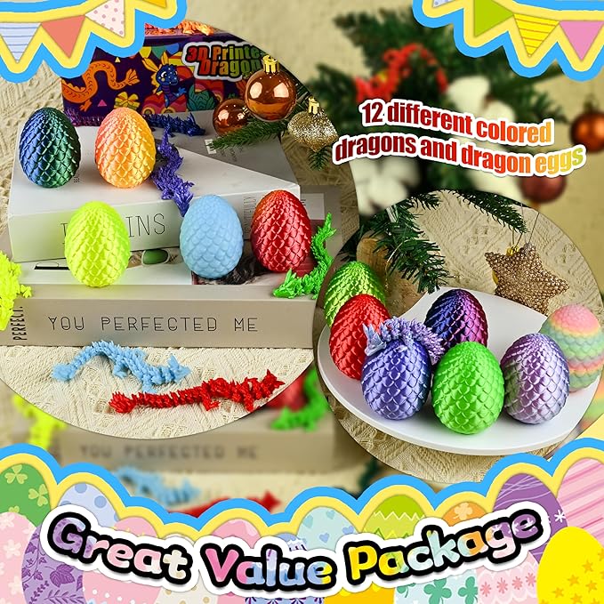 12PCS 3D Dragon Eggs with Dragon Inside, Easter Basket Stuffers Mini Easter Egg Set Articulated Unique Easter Basket Essentials for Adults Kids