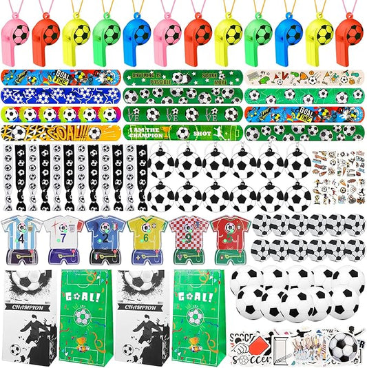158Pcs Soccer Party Favors - Bags, Whistles, Balls, Slap Bracelets, Keychains, Stickers, Tattoos for Party Goodie Bags
