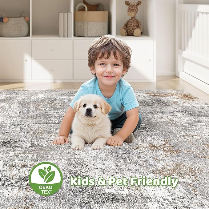 6x9 Area Rugs Washable Rug: Large Abstract Modern Soft Stain Resistant Indoor Floor Non Slip Accent Carpet for Living Room Bedroom Nursery Playroom Dining Room Office Dorm Home House- Gray Rust