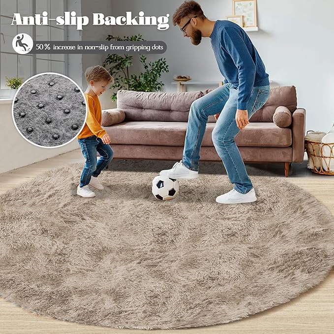 4FT Round Rug for Bedroom: Fluffy Shag Soft Washable Rugs Circle Small Fuzzy Plush Indoor Carpet for Living Room Nursery Playroom Dorm Kids Girls Boys Room (Camel, 4'x4')