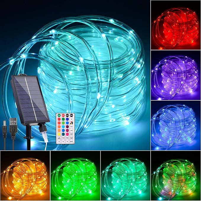 33FT Solar Rope Lights Outdoor Waterproof, 18 Colors Changing Fairy String Light USB & Solar Powered with Remote, 100 LEDs Multicolor Trampoline Light Rope Lighting for Outside Christmas Party