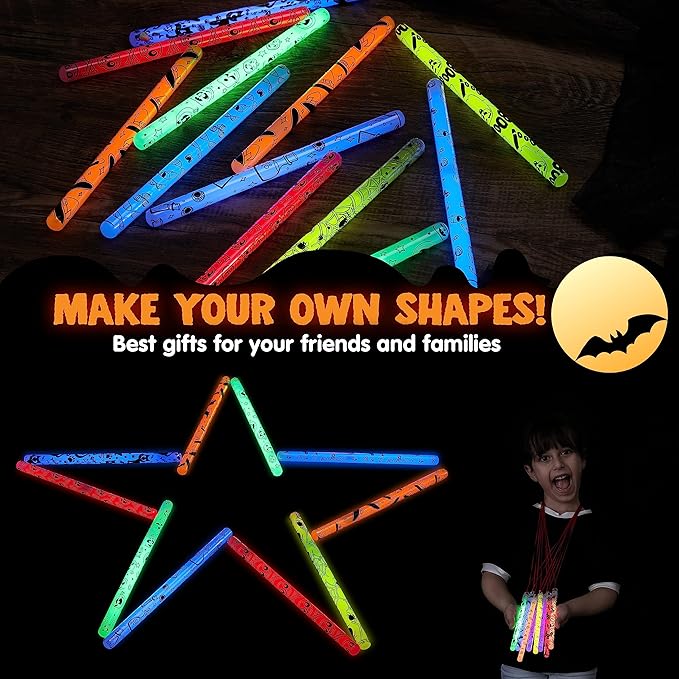 JOYIN 24 Pcs Halloween Glow Stick Hanging Wands in 8 Different Pattern Designs and 6 Colors for Kids Party Favors, Halloween Party Supplies, Glow in the Dark, Goodies Bags Fillers, Non Candy Treats