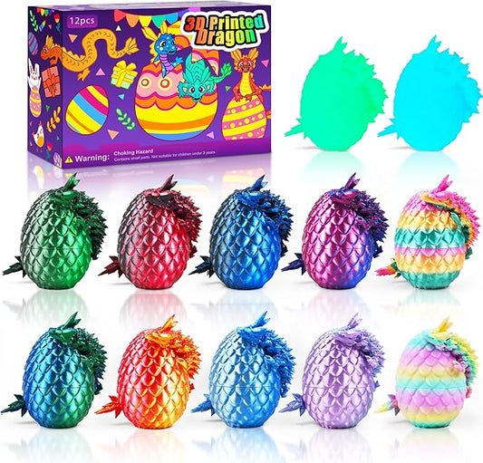12PCS 3D Printed Dragon Eggs with Dragon Inside, Cool Stuff Fun Gifts, Mini Dragon Egg Set Articulated Crystal Dragon Fidget Toy for Adults Teens Boy Gifts Easter Basket Stuffers