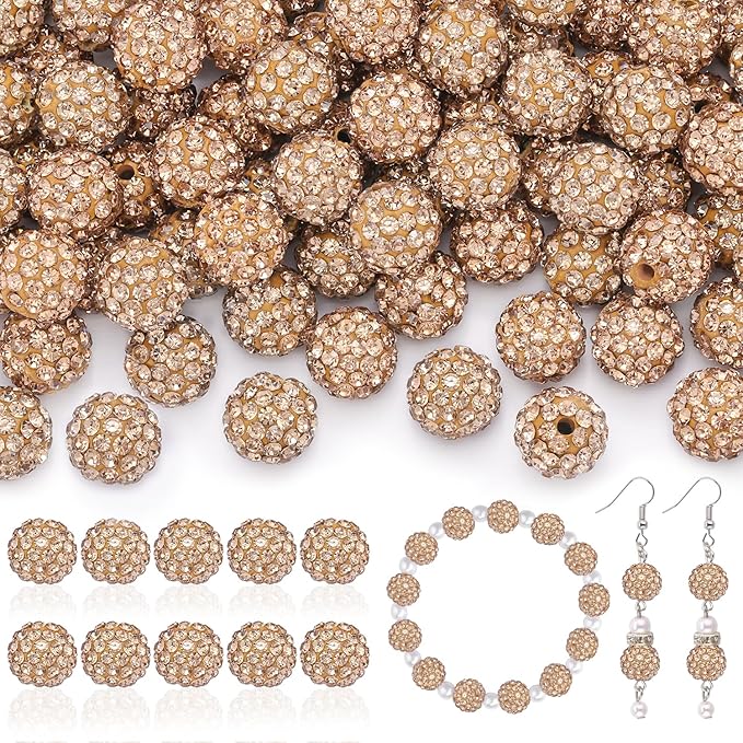 200pcs 10mm Rhinestone Beads for Jewelry Making, Light Brown Shiny Round Disco Ball Beads Bulk, Sparkle Crystal Clay Christmas for Bracelet Baseball Necklace Earring Crafting and DIY