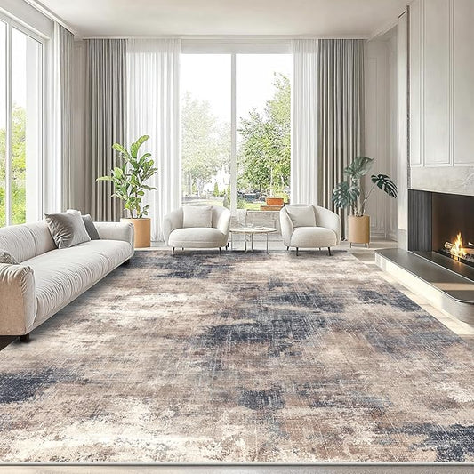 AMADA HOMEFURNISHING 9x12 Large Area Rug, Modern Abstract Living Room Rug with Non-Slip Backing & Short Pile, Washable Rug with Abstract Pattern for Living Room, Bedroom and Dinning Room, Brown