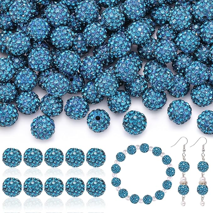 160pcs 10mm Rhinestone Beads for Jewelry Making, Blue Zircon Shiny Round Disco Ball Beads Bulk, Sparkle Crystal Clay Christmas for Bracelet Baseball Necklace Earring Crafting and DIY