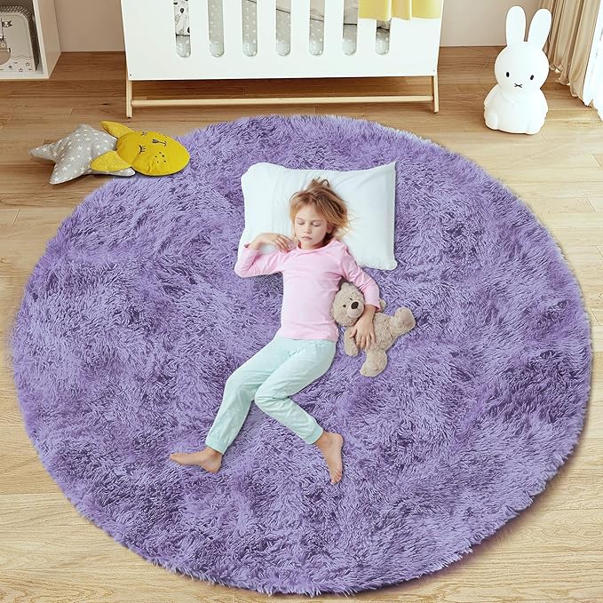 4FT Round Rug for Bedroom: Fluffy Shag Soft Washable Rugs Circle Small Fuzzy Plush Indoor Carpet for Living Room Nursery Playroom Dorm Kids Girls Boys Room (Purple, 4'x4')