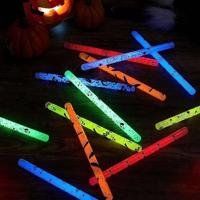 JOYIN 24 Pcs Halloween Glow Stick Hanging Wands in 8 Different Pattern Designs and 6 Colors for Kids Party Favors, Halloween Party Supplies, Glow in the Dark, Goodies Bags Fillers, Non Candy Treats
