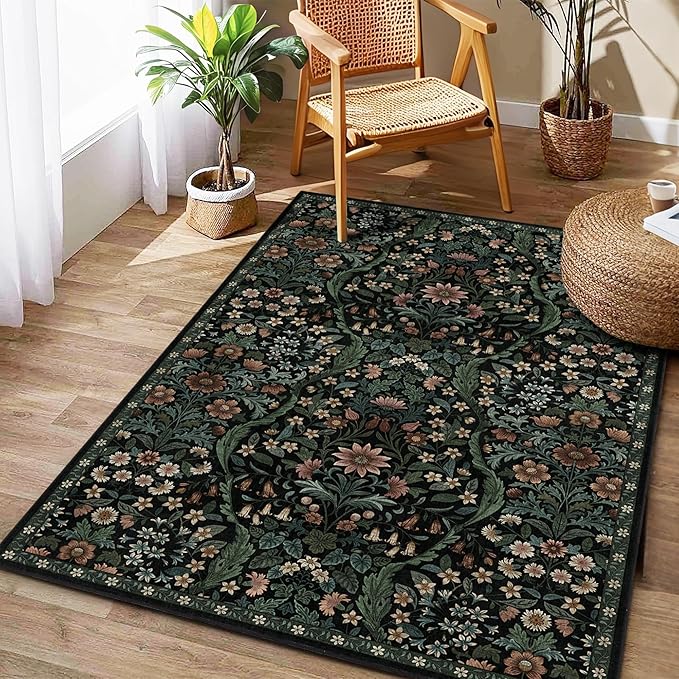 3x5 Black Boho Floral Vintage Area Rug,Soft Lightweight Low Pile Non-Shedding Carpet,Machine Washable Stain Resistant & Non-Slip for Entryway,Bedroom, Kids Room,Living Room