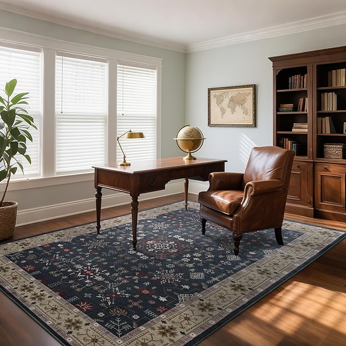 6x9 Washable Blue Area Rug for Living Room Bedroom, Boho Dining Room Rugs for Under Table, Large Low Pile Non-Slip Vintage Print Carpets for Farmhouse, Office, Dorm