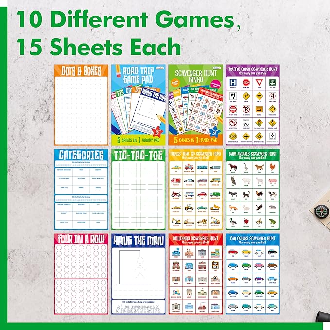 2 Pack Road Trip Game Pads, 10 Games (Categories, Dot & Boxes, Tic-tac-Toe, Scavenger Hunt Bingo), Pen Pencil Paper Game, Plane Trip/Car Travel/Getaway Activity Pad for Kid, Adult