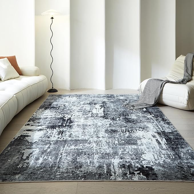 6x9 Rug Washable Bedroom Rug Large Soft Area Rug Abstract Pattern Non-Slip Faux Wool Vintage Rug for Living Room, Farmhouse, Dining Room, Kids Playroom, Grey and Black
