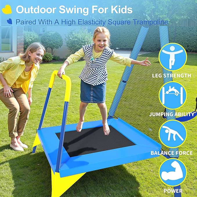 440lbs Kids Swing Set, 3-in-1 Outdoor Playground with Saucer Swing, Belt Seat & 4ft Trampoline, Heavy Duty A-Frame Metal Stand & Safety Stakes, Backyard Playset for Toddlers 3-8 Years Old