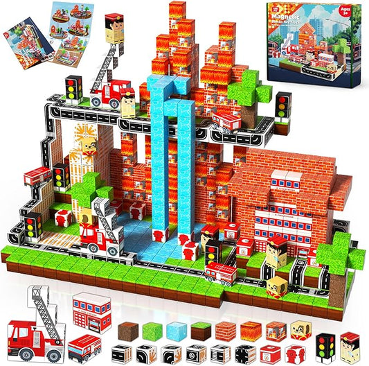GoodyKing Magnetic Blocks|100PCS Fire Truck Magnetic Building Cube Game,Constructions Toys for Boys & Girls Age 3-4,5-8 9 10,STEM Montessori Stacking Toy,Sensory Tiles Building Christmas for Toddlers