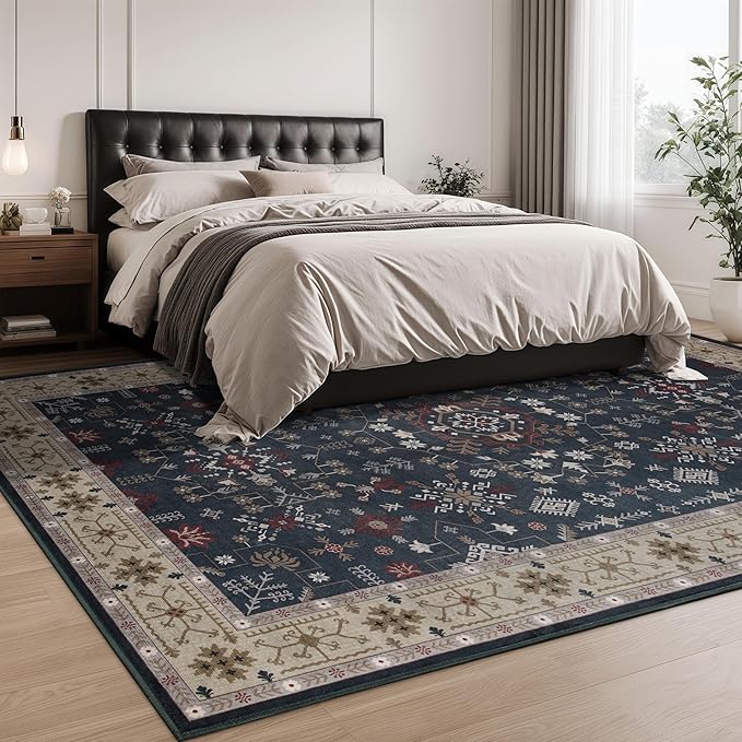 6x9 Washable Blue Area Rug for Living Room Bedroom, Boho Dining Room Rugs for Under Table, Large Low Pile Non-Slip Vintage Print Carpets for Farmhouse, Office, Dorm