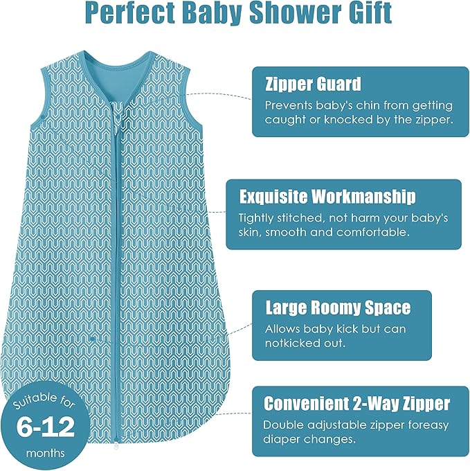 SWEET DOLPHIN Baby Sleep Sack 6-12 Months - 100% Cotton 2-Way Zipper TOG 0.5 Infant Wearable Blanket, Newborn Essentials Toddler 3 Pack Sleeping Sacks - Peacock Blue