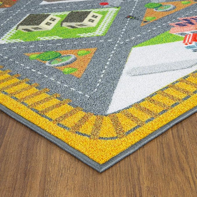 KC Cubs 8x10 Country Farm Construction Car Road Street Rug – Educational Carpet Play Mat for Kids, Toddlers Nursery, Classroom, Playroom, Baby Daycare