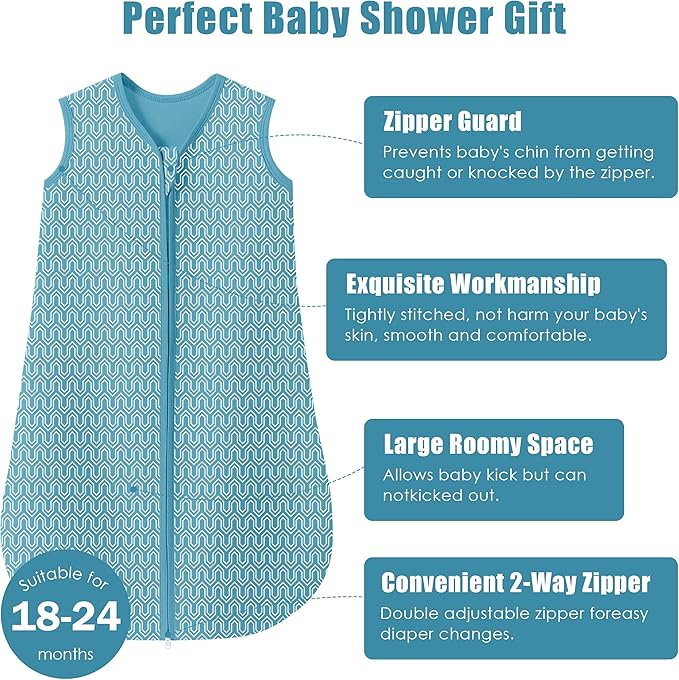 SWEET DOLPHIN Baby Sleep Sack 18-24 Months - 100% Cotton 2-Way Zipper TOG 0.5 Infant Wearable Blanket, Newborn Essentials Toddler 3 Pack Sleeping Sacks - Peacock Blue