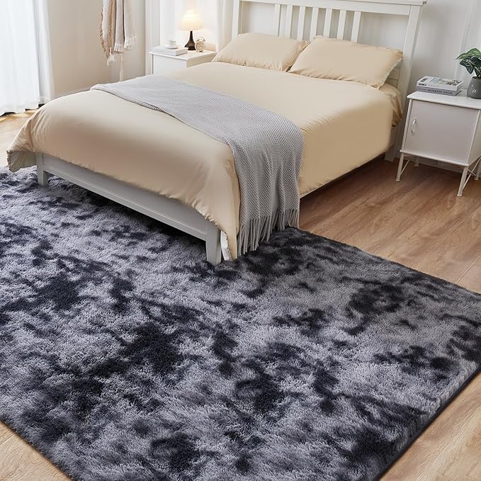6x9 Area Rugs for Living Room, Fluffy Shaggy Bedroom Rug Indoor Carpet, Anti-Skid Soft High Pile Rug for Nursery, Kids Room, Bedside, Home Decoration, Tie-Dyed Dark Grey