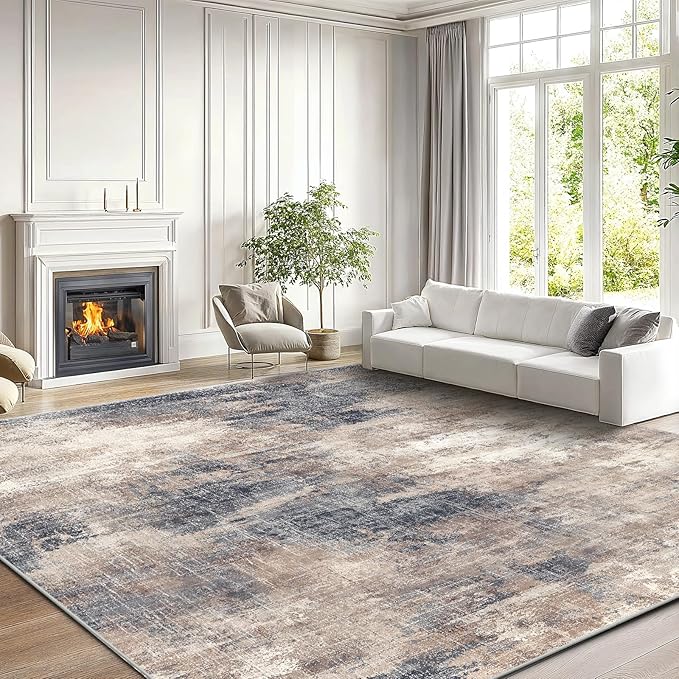 AMADA HOMEFURNISHING 9x12 Large Area Rug, Modern Abstract Living Room Rug with Non-Slip Backing & Short Pile, Washable Rug with Abstract Pattern for Living Room, Bedroom and Dinning Room, Brown