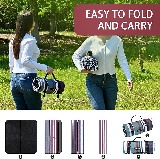 HX&OD Outdoor Picnic Blanket Extra Large, 80''*80'' Waterproof Picnic Mat with Stakes Foldable Camping Blanket Portable with Carry Strap for Beach Mat (Red, 80''*80'')