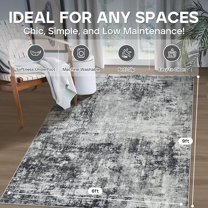 6x9 Area Rugs for Living Room Rug Washable: Modern Rug for Dining Room Bedroom Carpet Non Slip Low Pile 6 by 9 Indoor Abstract Nursery Home Office Black Grey