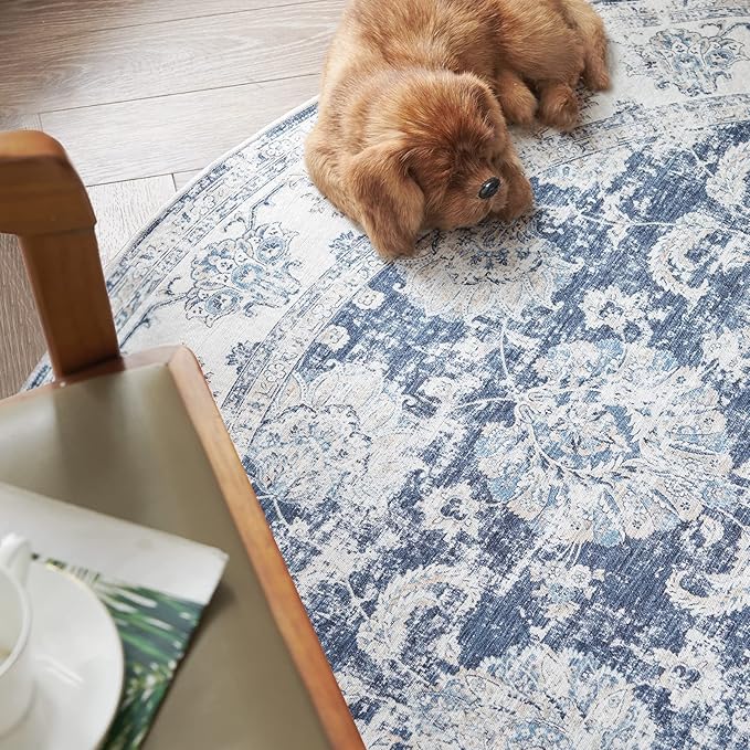 jinchan Round Rug 6ft Area Rugs Vintage Floral Distressed Design - Machine Washable Non-Slip Low-Pile Ultra-Thin Circle Rug for Entryway Bedside Living Room Dining Room Bedroom (6' Round,Dark Blue)