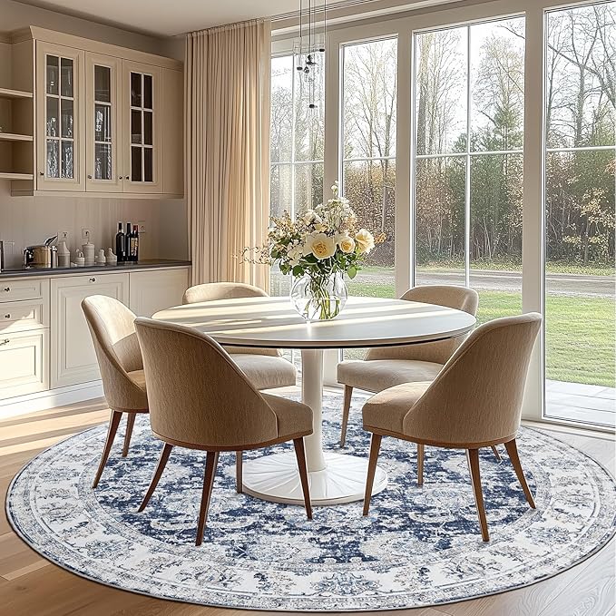 jinchan Round Rug 8ft Area Rugs Vintage Floral Distressed Design Machine Washable Non-Slip Low-Pile Ultra-Thin Circle Rug for Living Room Dining Room Bedroom Home Office Farmhouse (8' Round,Dark Blue)