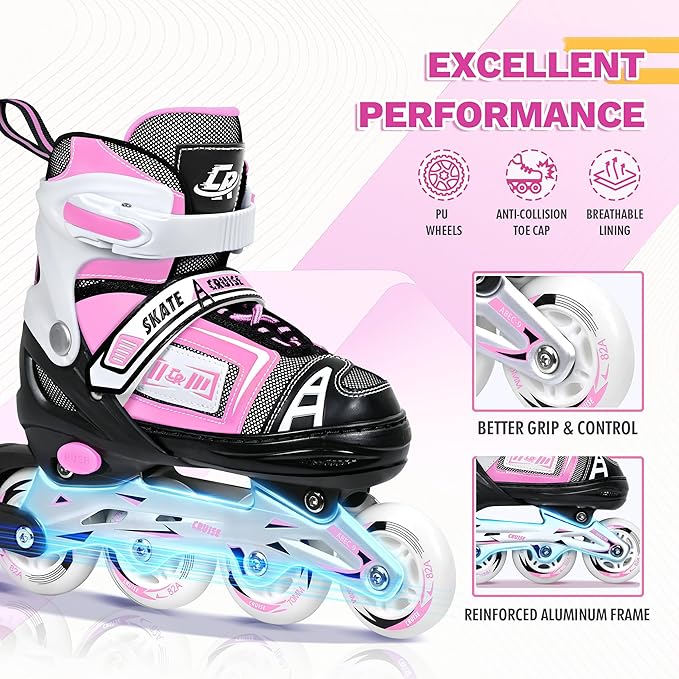 Adjustable Inline Skates for Kids, Teens, and Adults – ABEC-7 Bearings, PU Wheels, Comfortable Fit, for Indoor and Outdoor Skating
