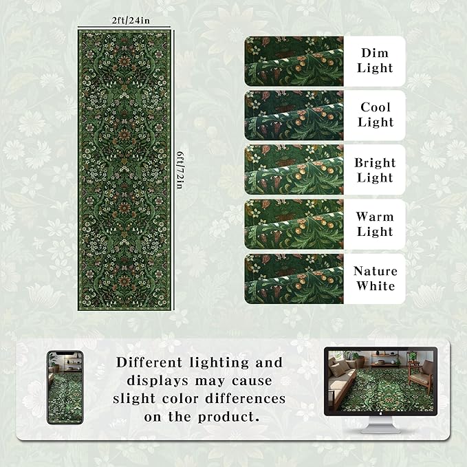 2x6 Washable Runner Rug,Dark Green Floral Boho Area Rug for Hallway,Low-Pile Non-Slip Stain Resistant Carpet for Kitchen, Bedside,Laundry Room,Entryway