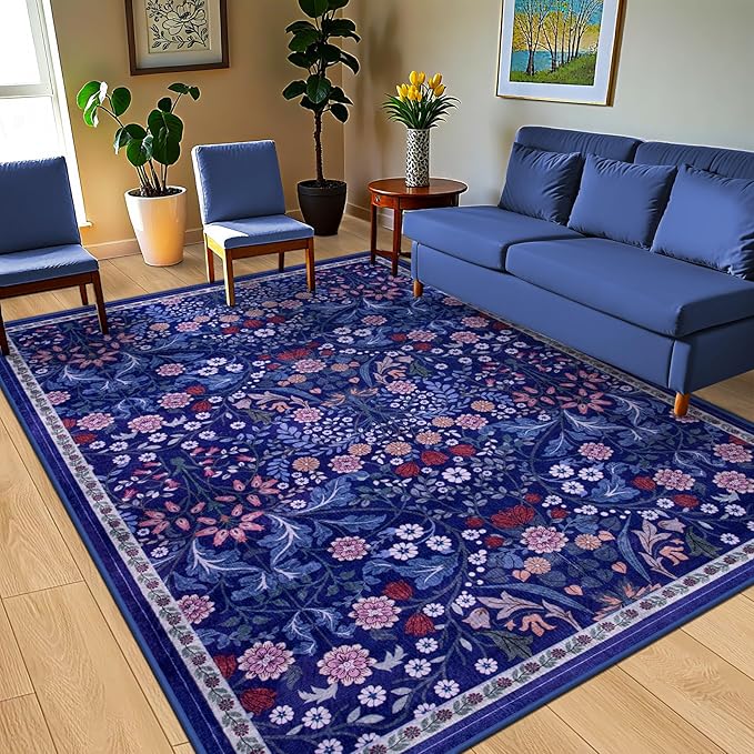 8x10 Area Rugs for Living Room: Floral Washable Rug Vintage Large Soft Boho Non-Slip Carpet Indoor Floor Stain Resistant Carpets for Bedroom Dining Room Farmhouse Nursery Home Office Blue