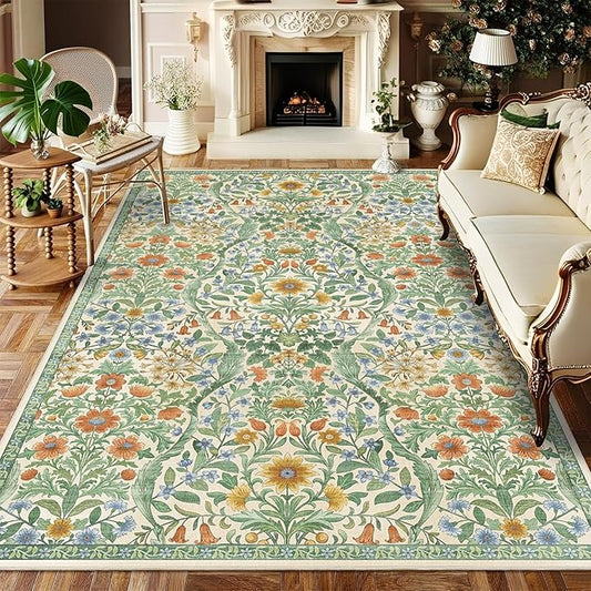 5×7 Grass Green Washable Floral Area Rug,Vintage Boho Soft Low-Pile Living Room Rugs, Stain Resistant Botanical Non-Slip Carpet for Bedroom,Dining Room, Kids Nursery,Home Decor