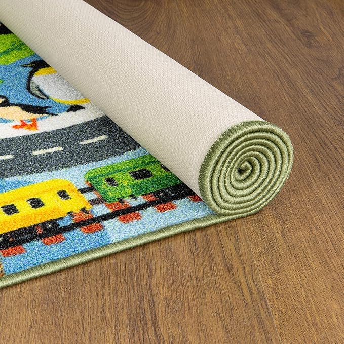 KC Cubs 3x5 Animal Safari Toy Car Road Rug – Educational Play Mat Carpet for Kids, Toddlers, Nursery, Classroom, Playroom, Baby Daycare, Boys & Girls