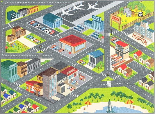 KC Cubs 5x7 City Streets Car Road Rug – Educational Non-Slip Play Mat for Kids, Toddlers, Nursery, Classroom, Playroom, Baby Daycare, Boy Girl Carpet