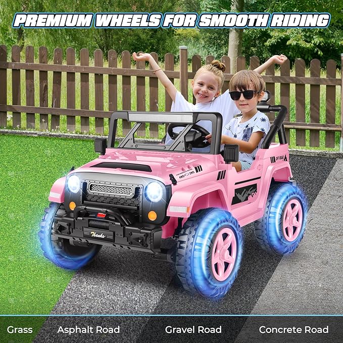 Hikole 24V Ride on Toys for Kids - 4WD/2WD Switchable 2 Seater Kids Electric Car with 4x200W Motors, Remote Control, 3 Speeds, LED Lights, MP3 Player, Safety Belt, Gift for Girls, Pink