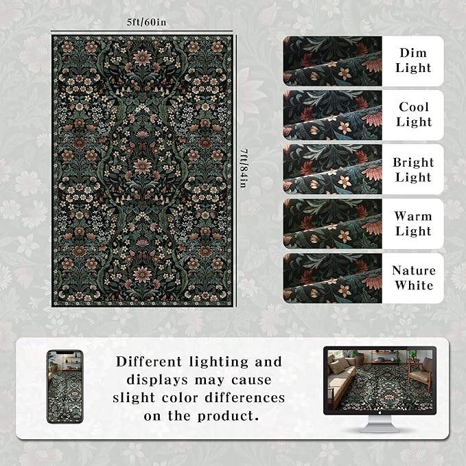 5×7 Black Washable Floral Area Rug,Vintage Boho Soft Low-Pile Living Room Rugs, Stain Resistant Botanical Non-Slip Carpet for Bedroom,Dining Room, Kids Nursery,Home Decor