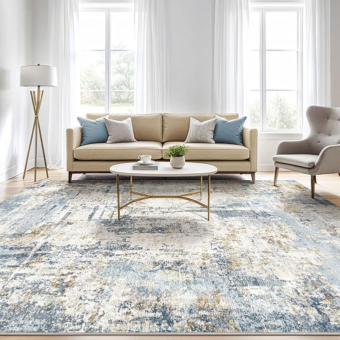 9x12 Area Rug Living Room: Washable Large Abstract Modern Soft Stain Resistant Indoor Floor Rugs Non Slip Accent Carpet for Bedroom Nursery Playroom Office Dining Room Dorm Home House- Blue