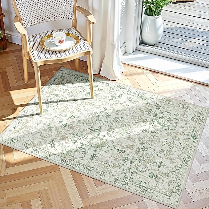 Green Small Area Rug 2x3 Throw Rug for Entryway Bathroom Kitchen, Non-Slip Low-Pile Washable Distressed Modern Boho Floor Carpet for Laundry Room, Indoor Washstand Vanity Front Mat 24x36 Inch
