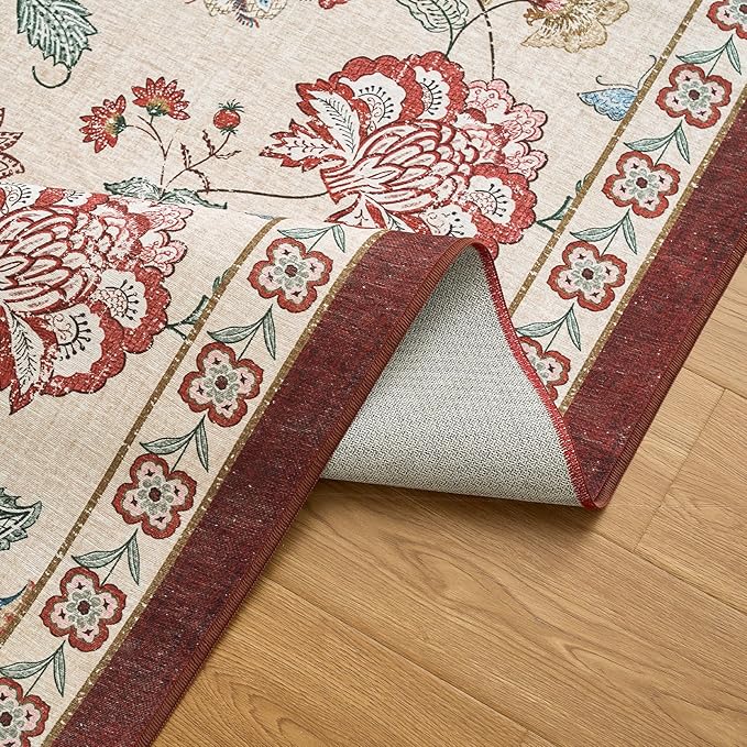 jinchan 2x3 Floral Rug for Entryway Washable Kitchen Rug Vintage Romance Design Small Mat Non Slip Indoor Doormat Lightweight Low-Profile Throw Carpet for Entrance Bathroom Laundry Room, Red/Beige