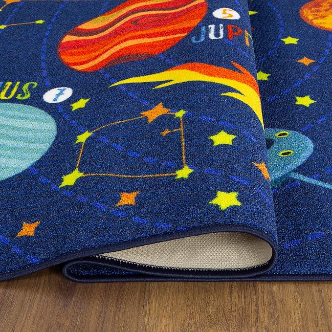 KC Cubs 5x7 Outer Space Solar System Toy Car Road Rug – Educational Play Mat Carpet for Kids, Toddlers, Nursery, Classroom, Playroom, Baby Daycare