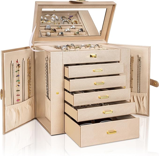 AKOZLIN Huge Jewelry Box Organizer Functional Extra Large Leather Jewelry Storage Case for Women Girls Ring Necklace Earring Bracelet Holder Organizer with Mirror